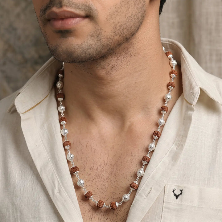 925 Silver Rudraksha Mala with Silver Beads – 24 Inch