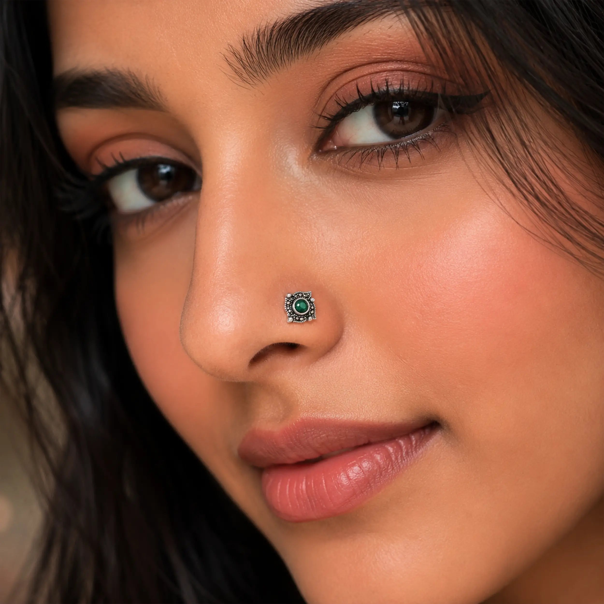 Green Stone Silver Nose Pin- Made With Pure 925 Silver