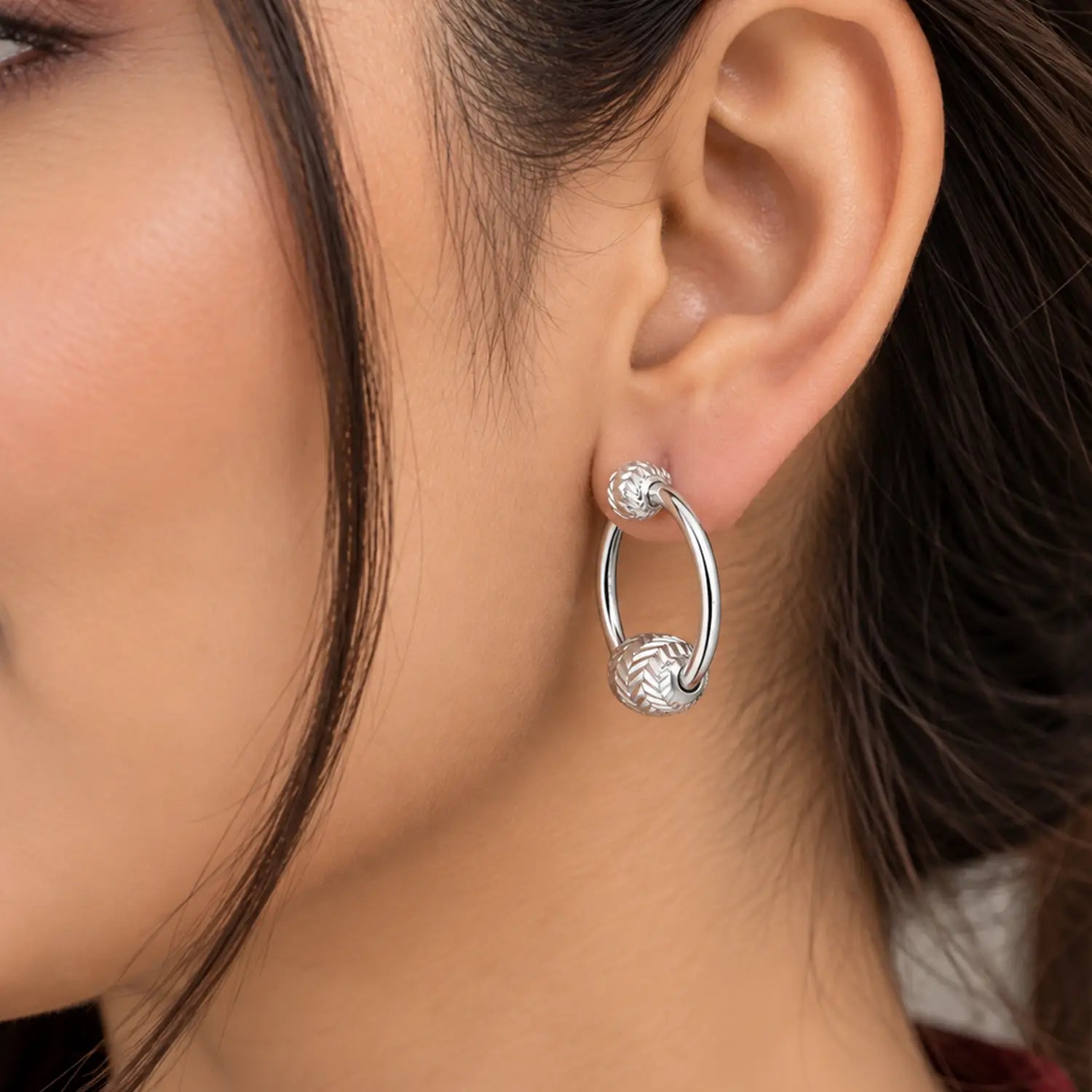 Textured Double-Bead Oval Hoop 925 Silver Earrings - Made With Pure 925 Silver