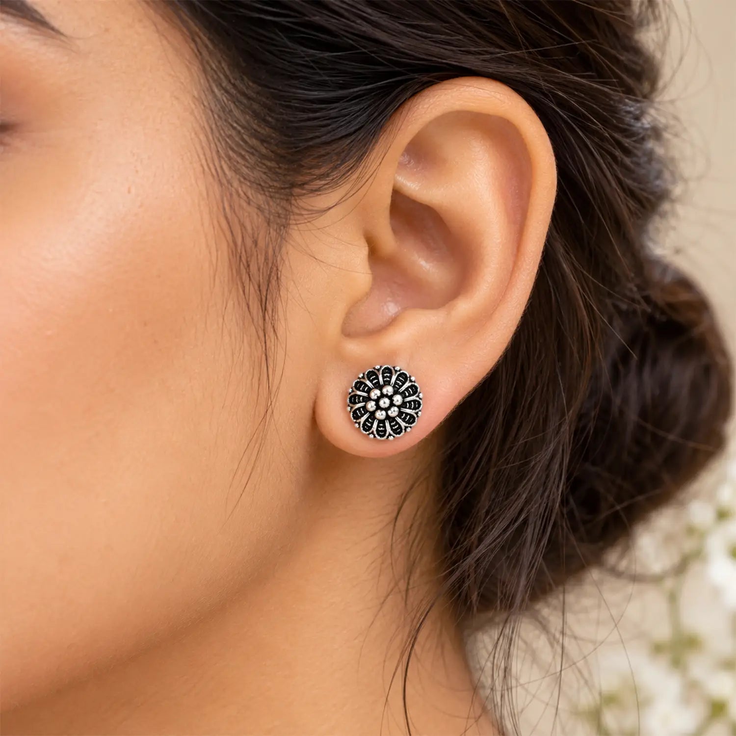 Antique Floral Oxidized Silver Stud Earrings - Made With Pure 925 Silver