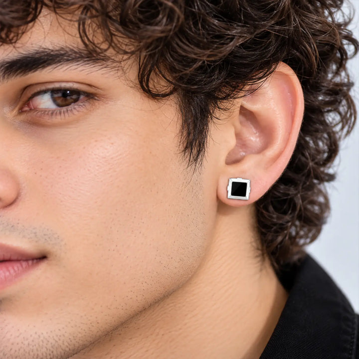 Black Stone Square Silver Stud Earrings - Made With Pure 925 Silver