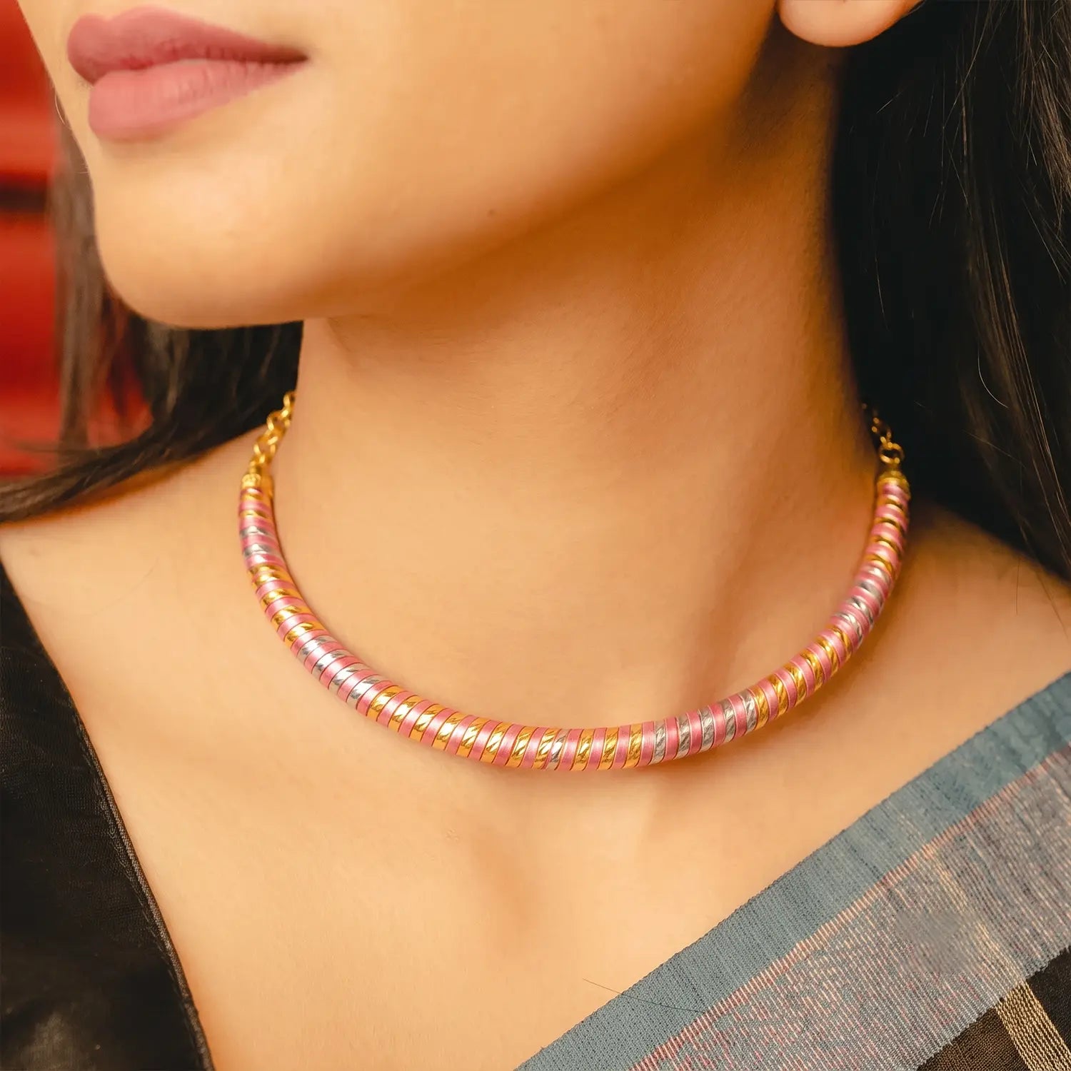 Pink & Gold Spiral Design Silver Necklace - Made With Pure 925 Silver