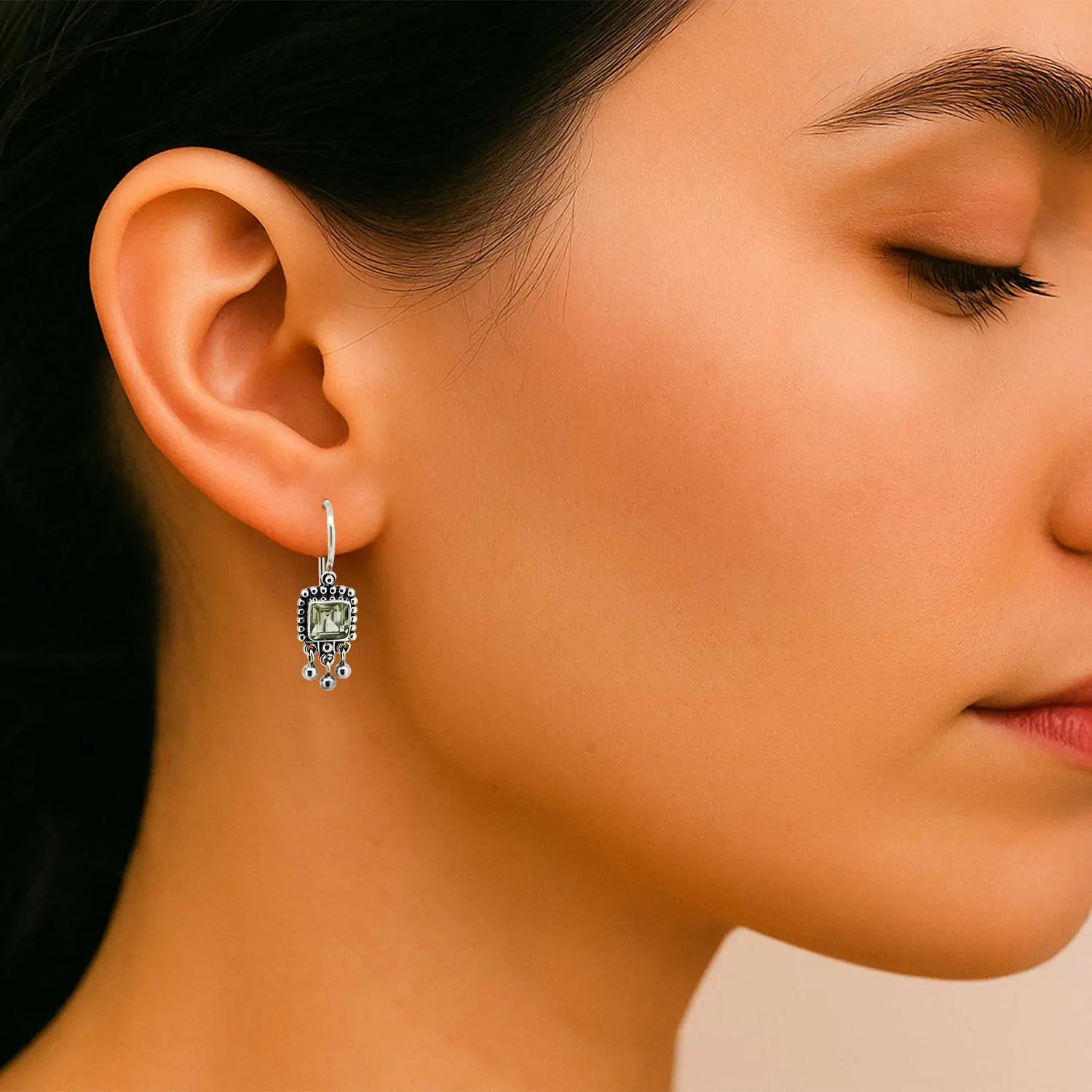 Pure Silver Square Green Stone Earrings- Made With Pure 925 Silver