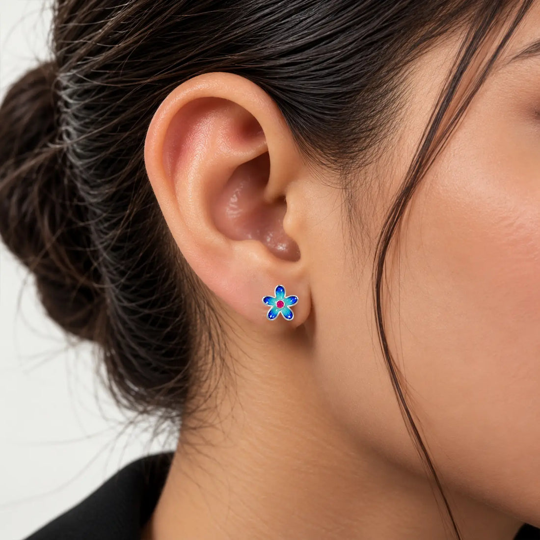 Purple Floral Enamel Silver Stud Earrings - Made With Pure 925 Silver
