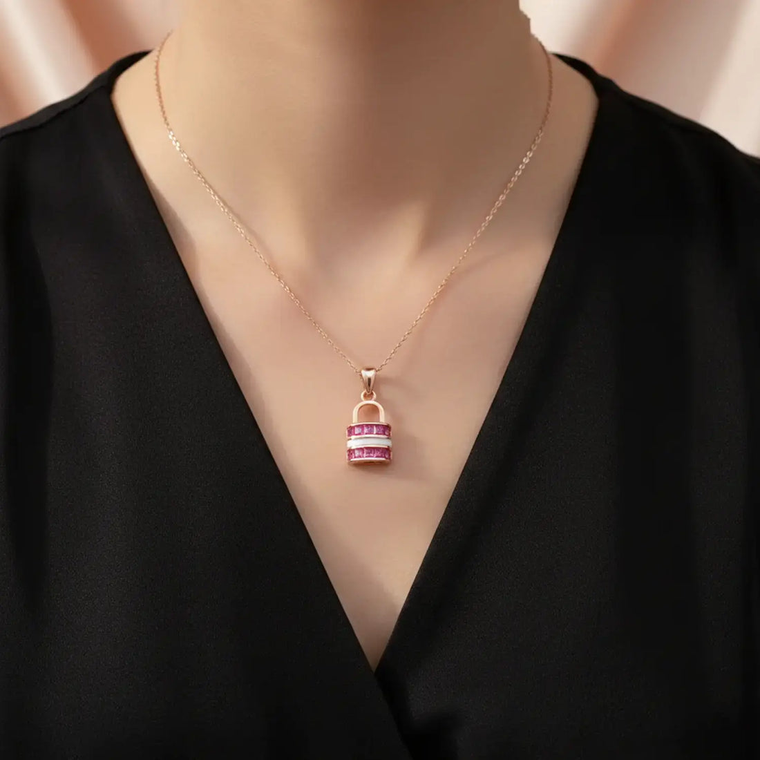 Lock Design Silver Pendant with Ruby Red Stones - Made With Pure 925 Silver