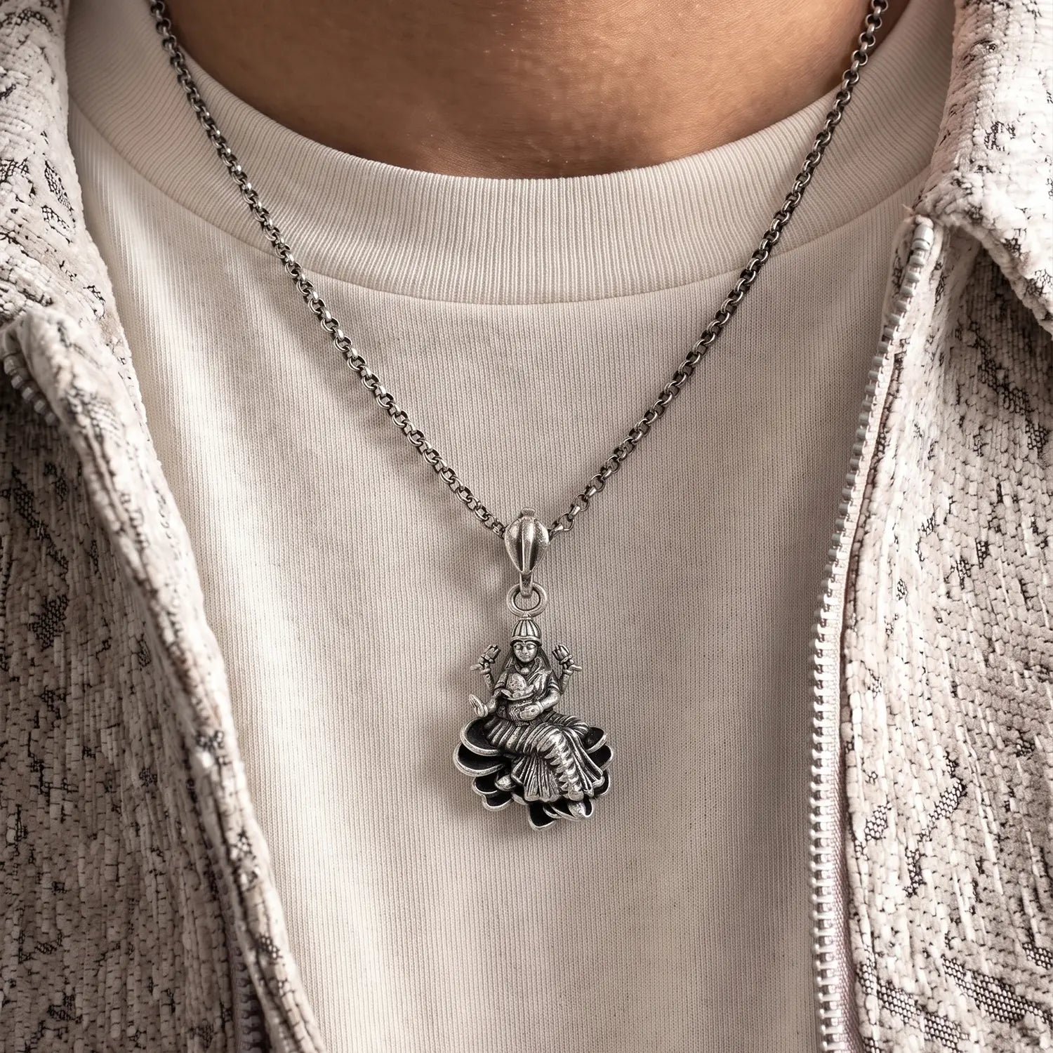 Divine Goddess Lakshmi Oxidised Silver Pendant - Made With Pure 925 Silver