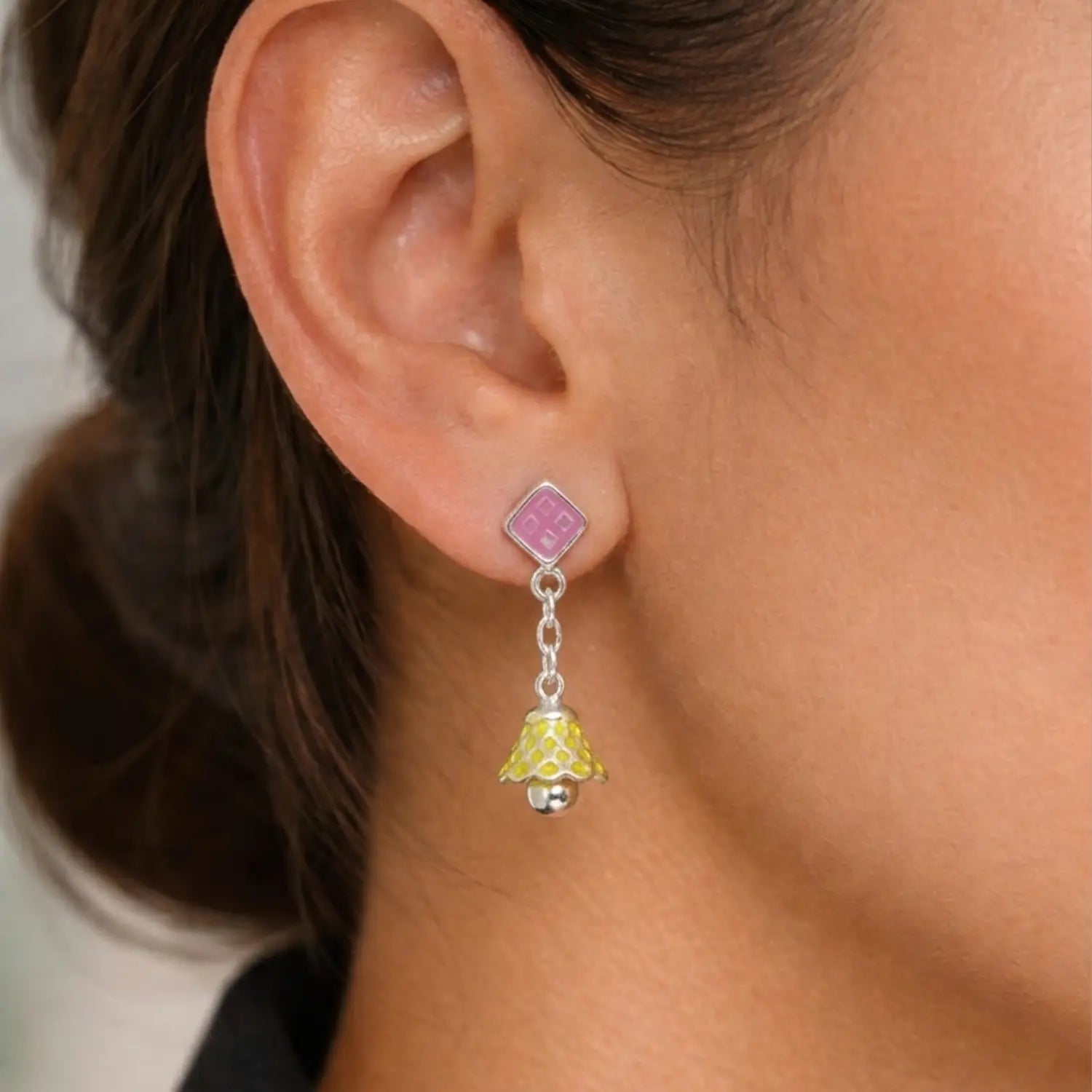 Pastel Pink & Lime Pure Silver Jhumki Earrings- Made With Pure 925 Silver