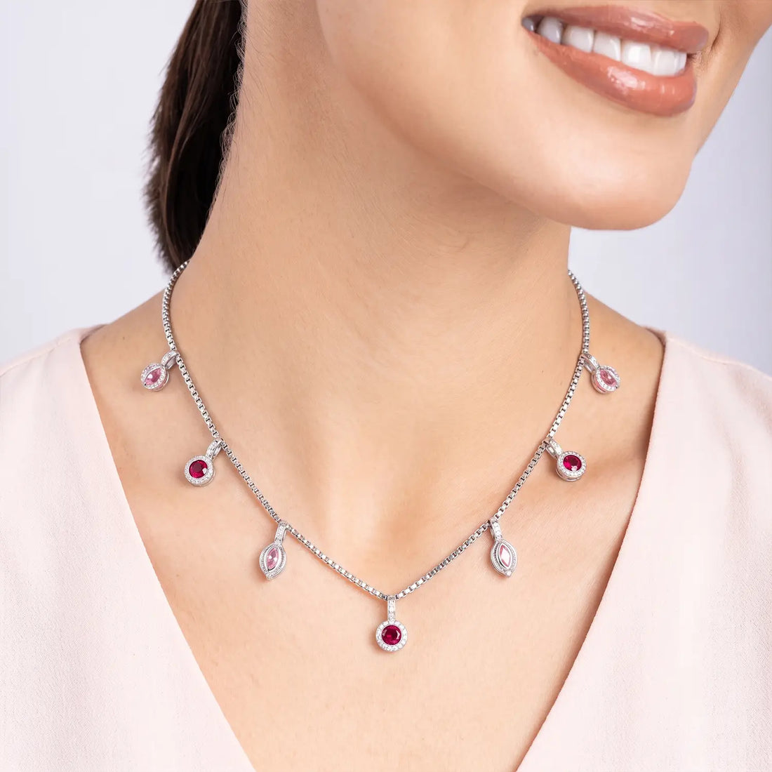 Pink & Ruby Drop Charm Silver Chain - Made With Pure 925 Silver