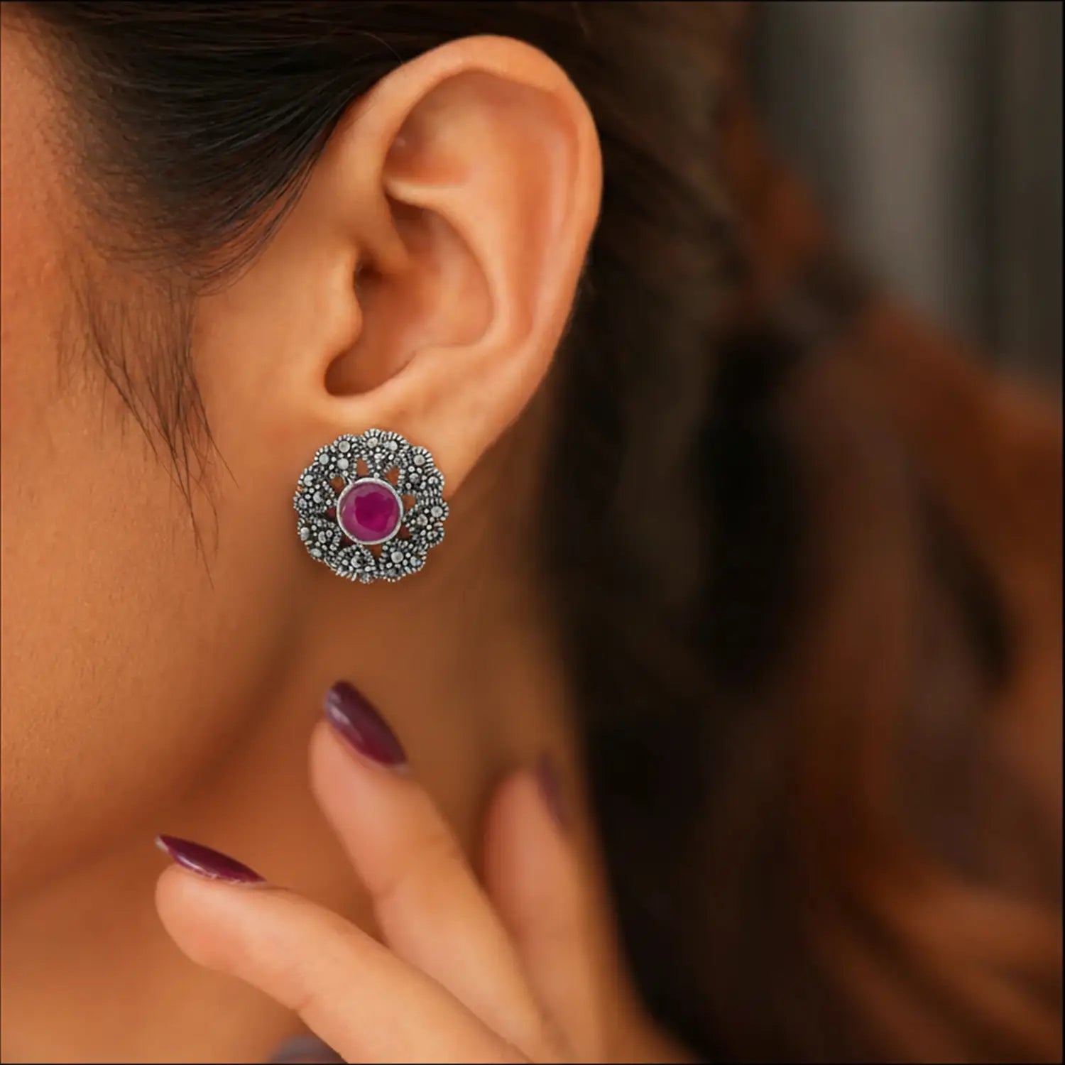 Ruby Rosette Oxidized Silver Stud Earrings- Made With Pure 925 Silver