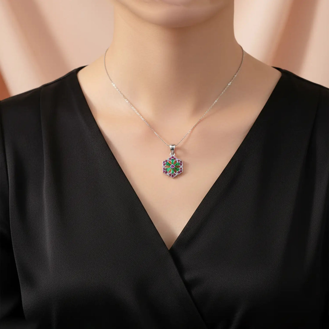 Floral Hexagon Silver Pendant with Green & Pink Stones Made With Pure 925 Silver