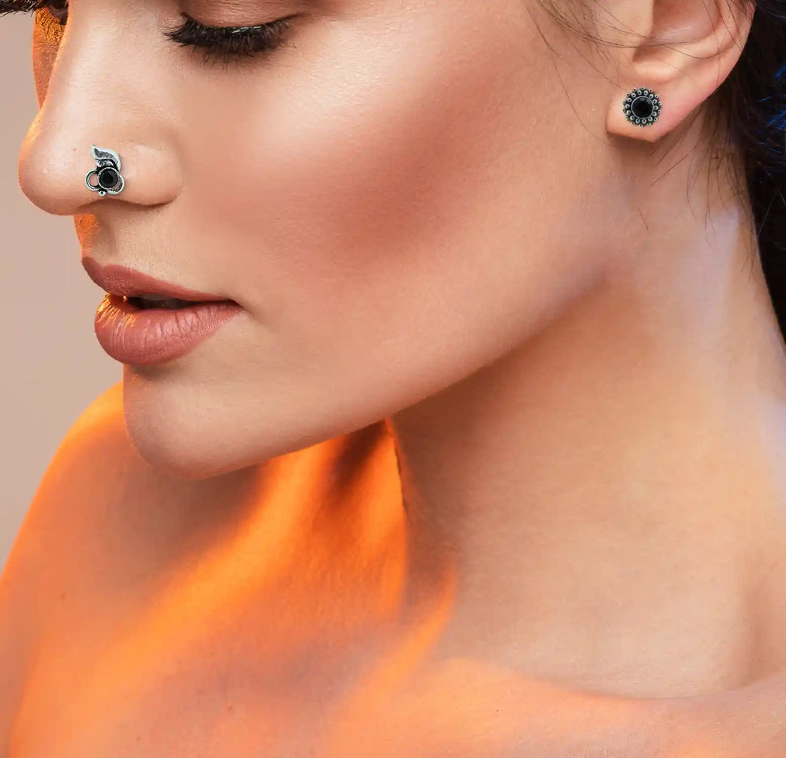 Graceful Leaf Oxidised Silver Nose Pin- Made With Pure 925 Silver