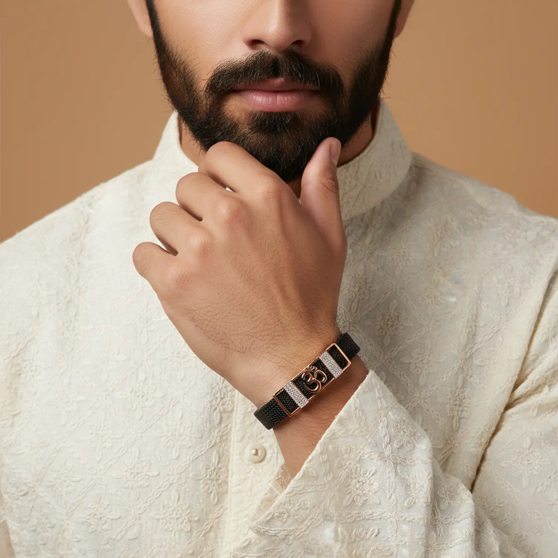 Om Symbol Black Strap Silver Bracelet for Men- Made With Pure 925 Silver