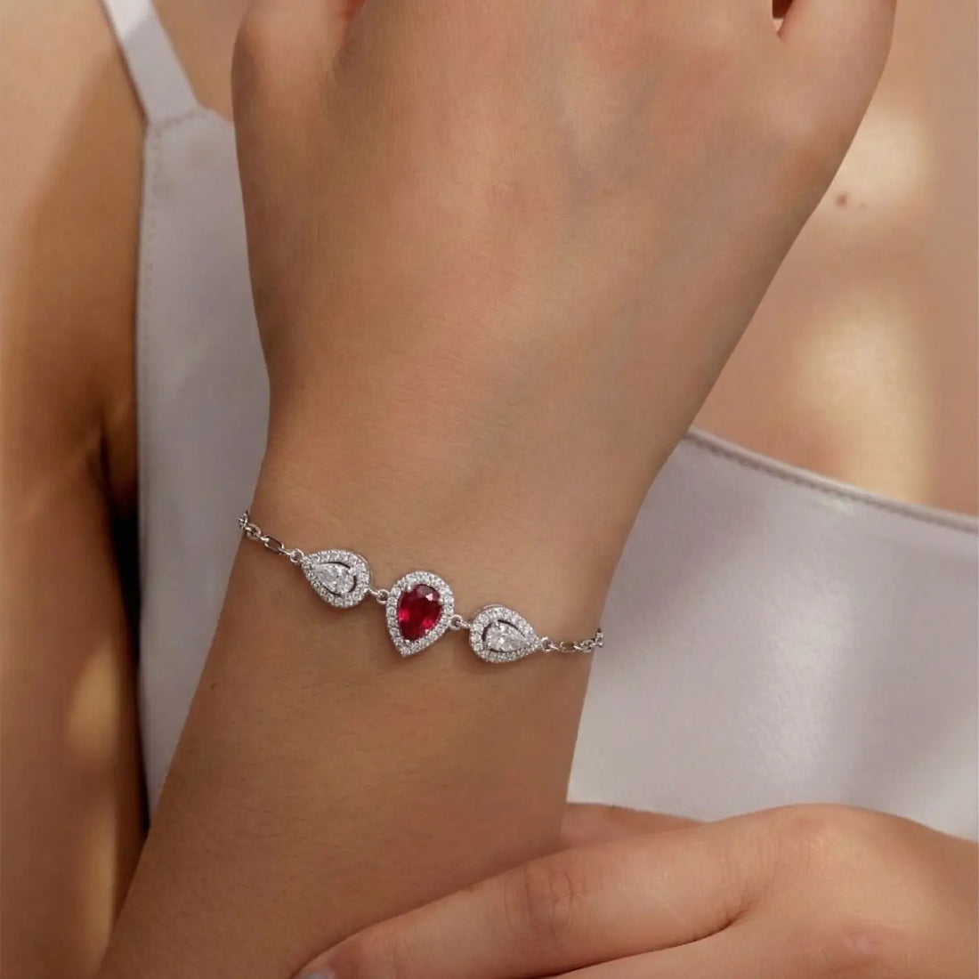 Elegant Ruby Heart CZ Pure Silver Bracelet - Made With Pure 925 Silver