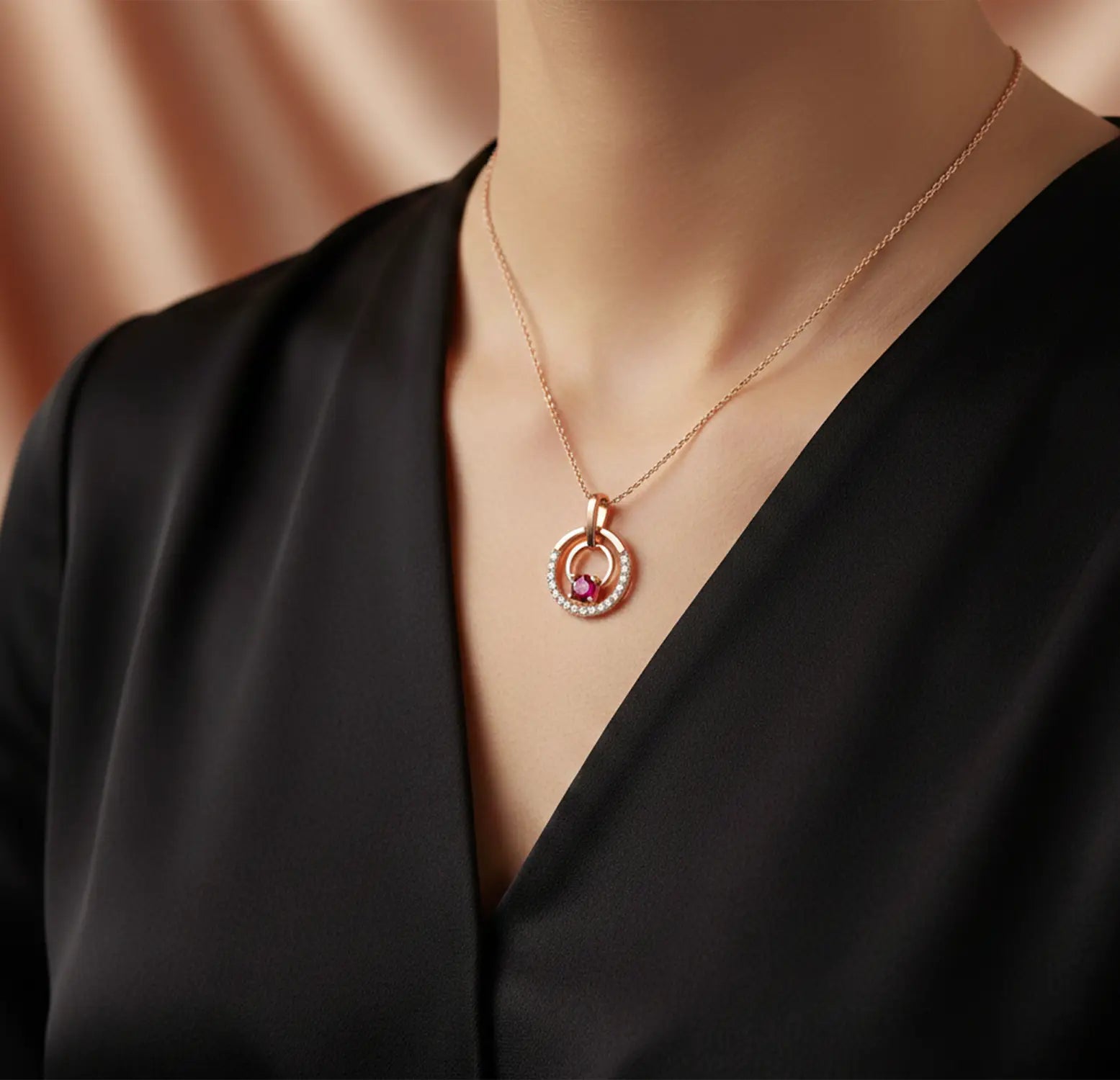 Rose Gold Ruby Circle Silver Pendant - Made With 925 Pure Silver
