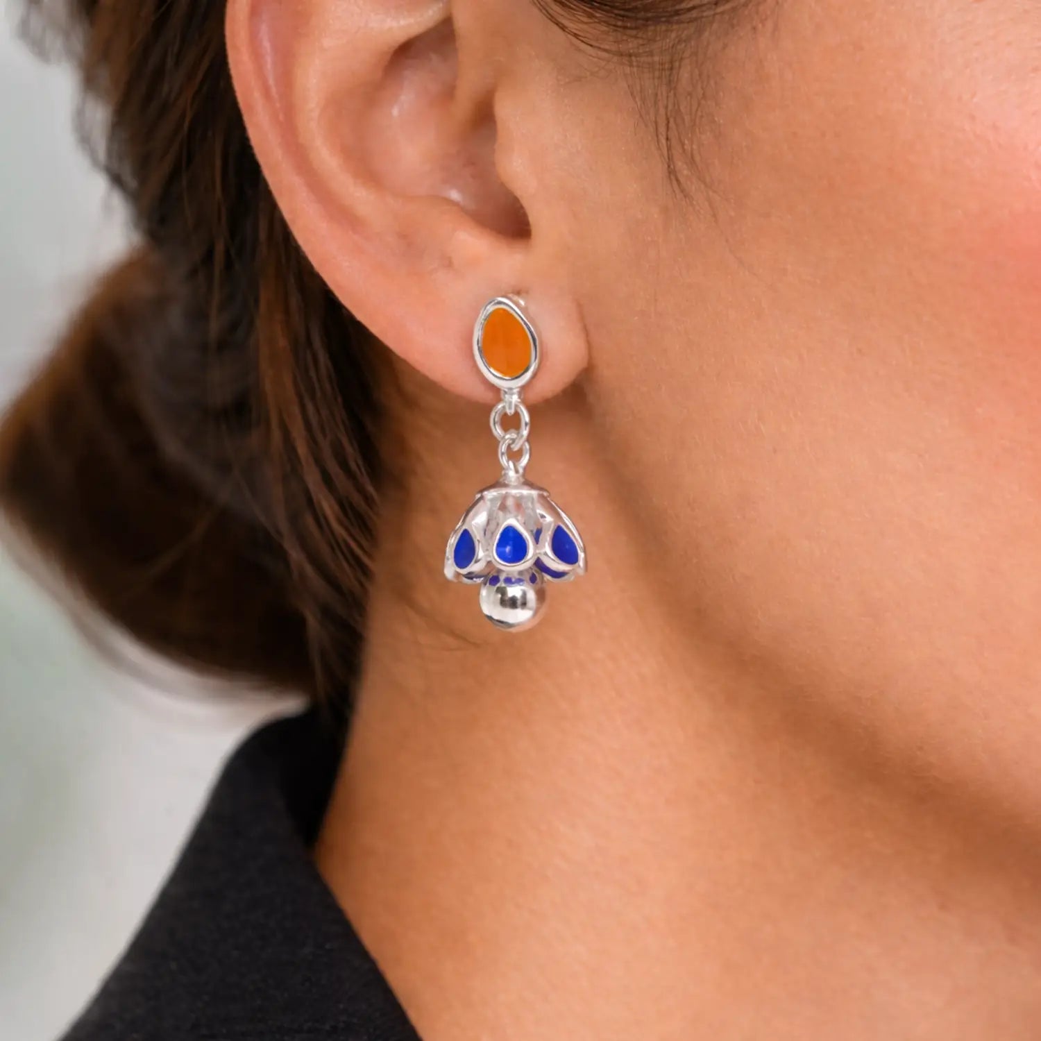 Elegant Blue & Orange Drop Jhumki Earrings - Made With Pure 925 Silver