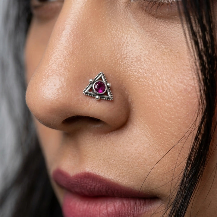 Tribal Triangle Oxidized Silver Nose Pin- Made With Pure 925 Silver