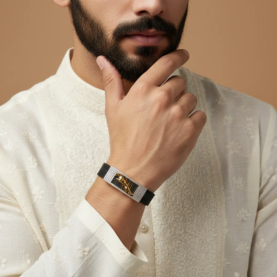 Men’s Black Strap Bracelet with Golden Panther- Made With Pure 925 Silver