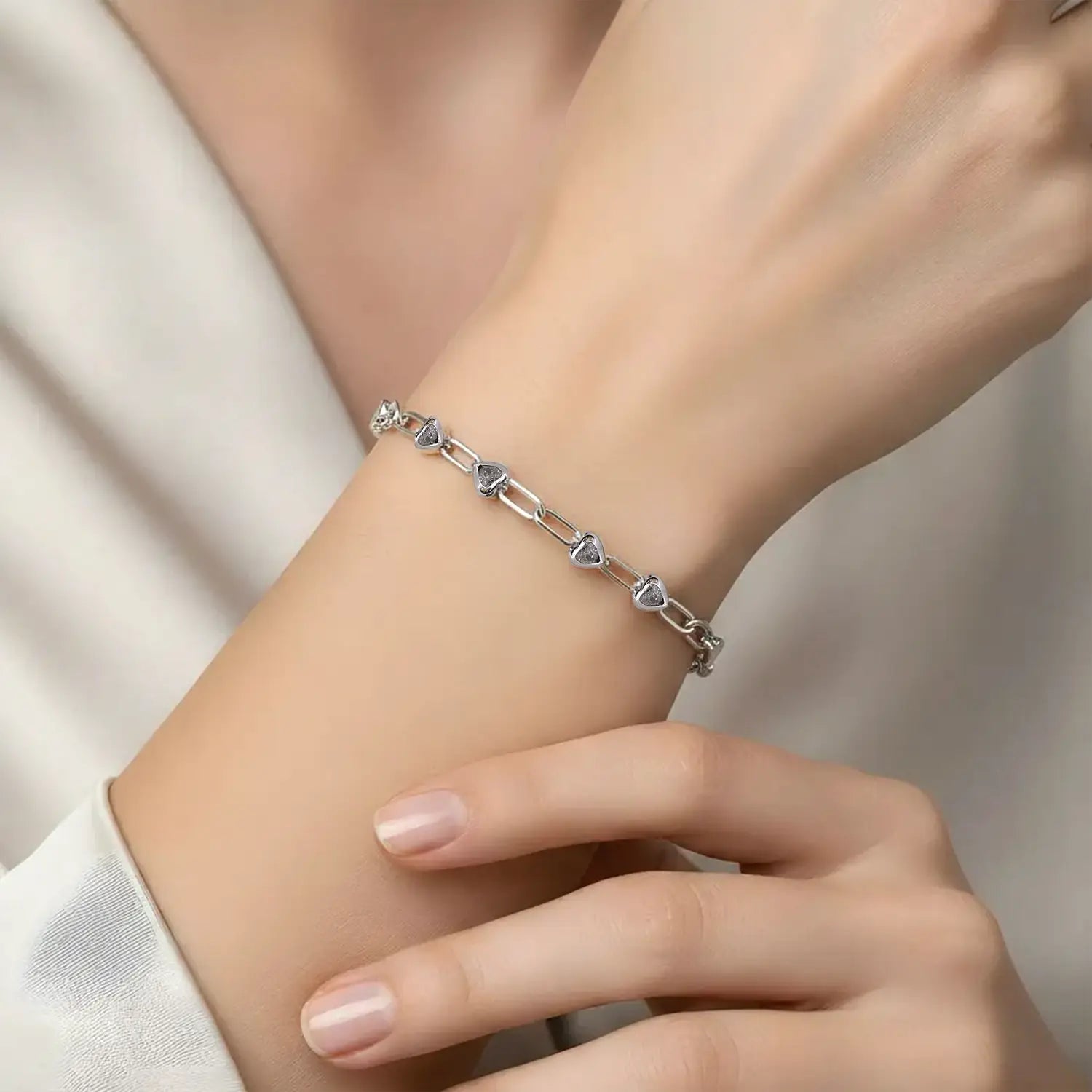 Crystal Heart Link Pure Silver Bracelet - Made With Pure 925 Silver