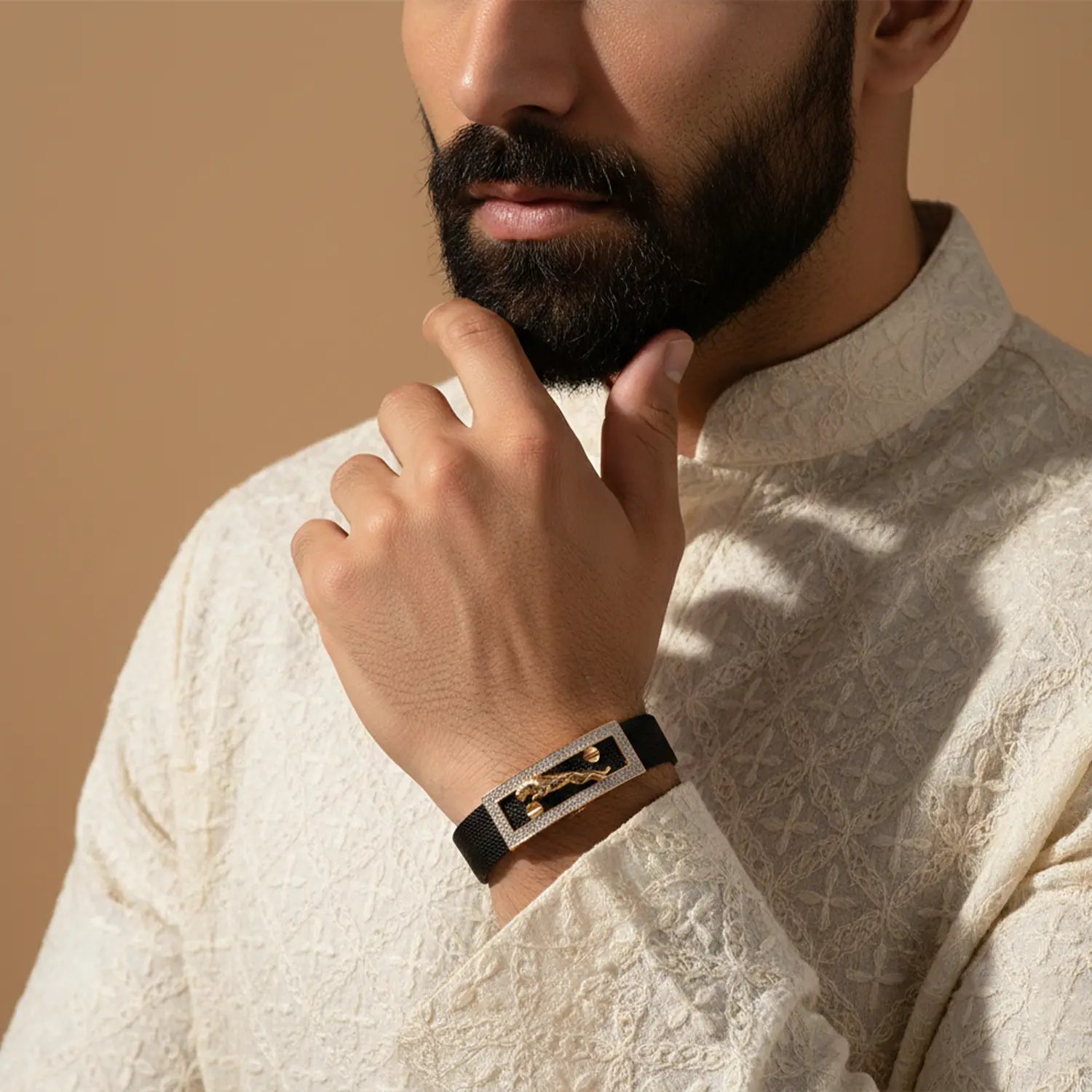 Men’s Black Strap Panther Bracelet with Silver Toned Stone- Made With Pure 925 Silver