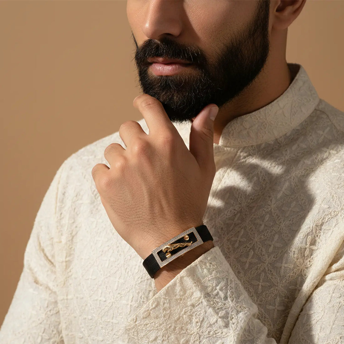 Men’s Black Strap Panther Bracelet with Silver Toned Stone- Made With Pure 925 Silver