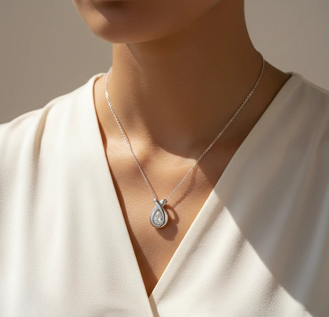 Pure Silver Teardrop Pendant with White Stone- Made With Pure 925 Silver