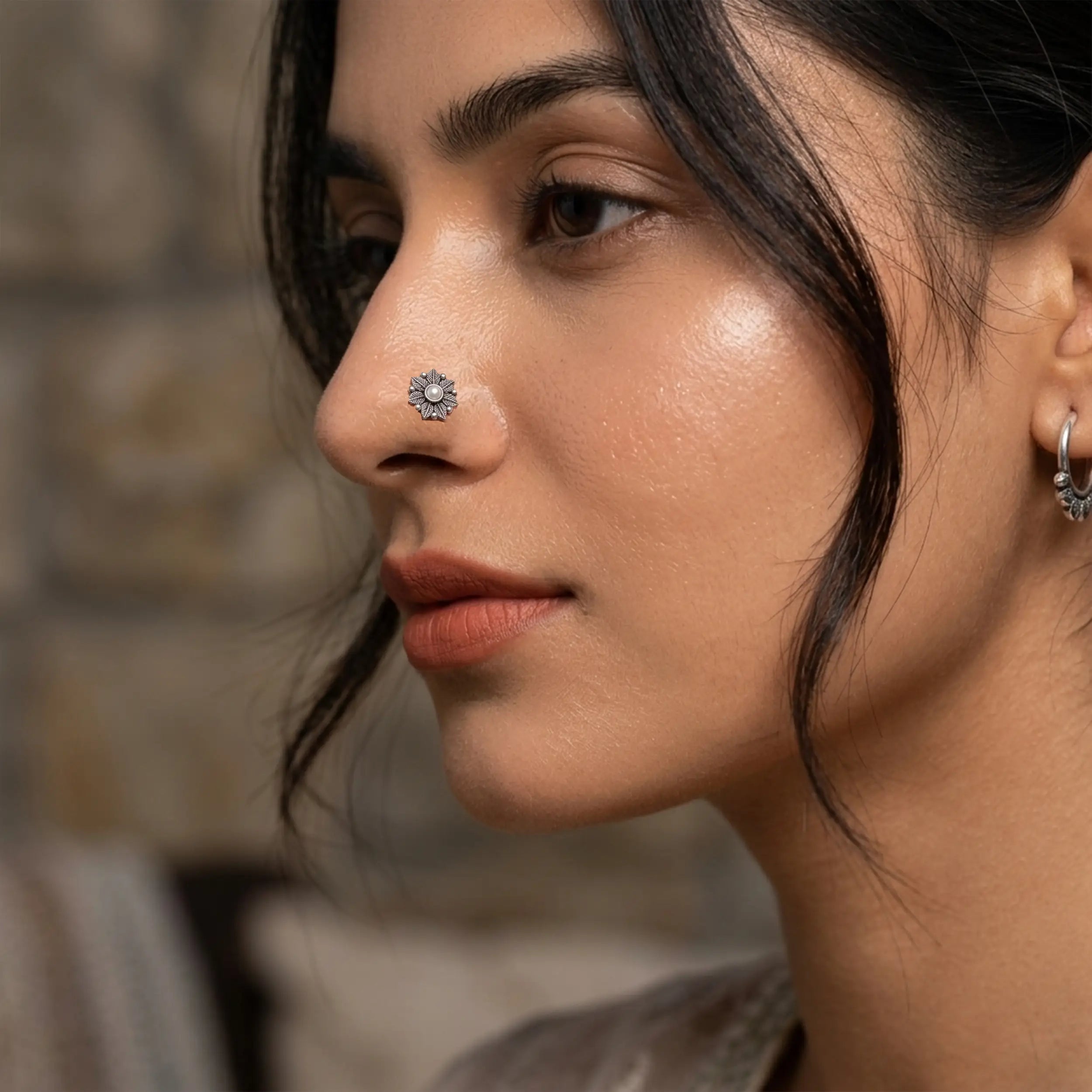 Oxidized Silver Floral Nose Pin- Made With Pure 925 Silver