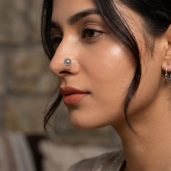 Oxidized Silver Floral Nose Pin- Made With Pure 925 Silver