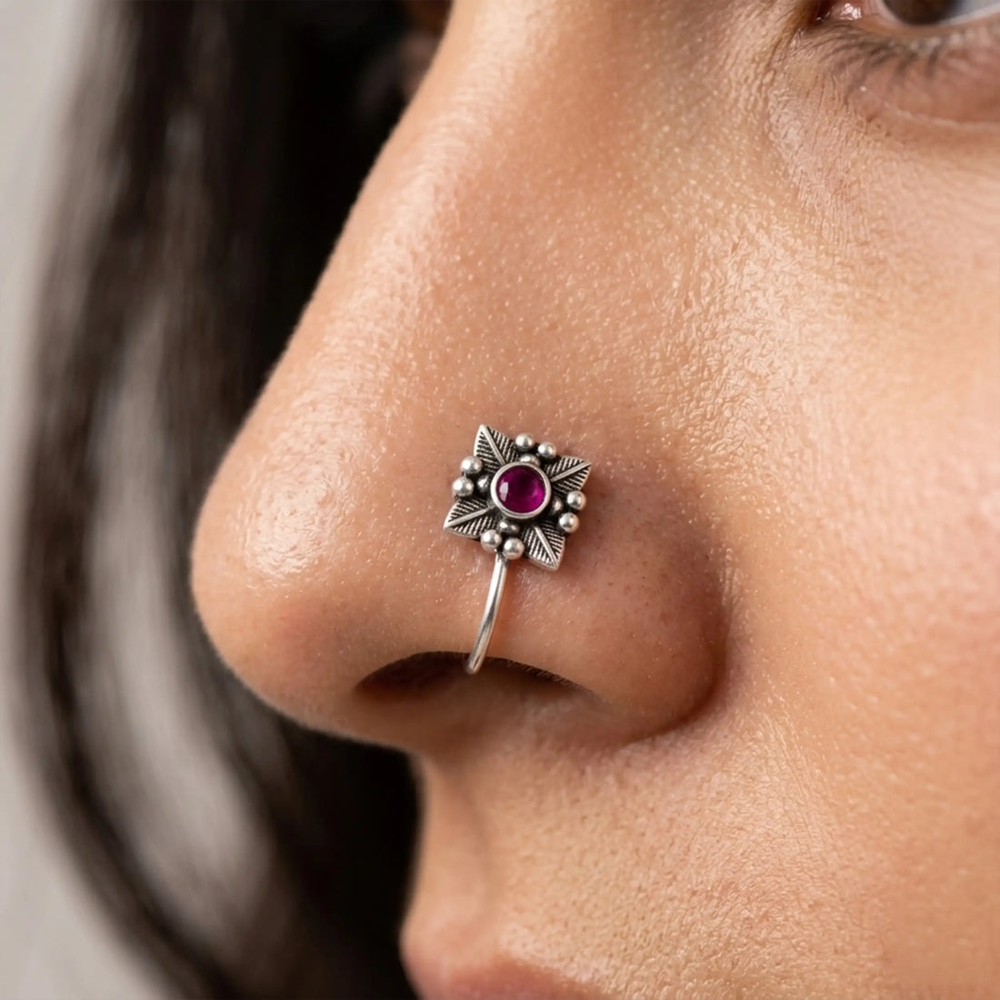 Oxidized Silver Floral Nose Pin- Made With Pure 925 Silver