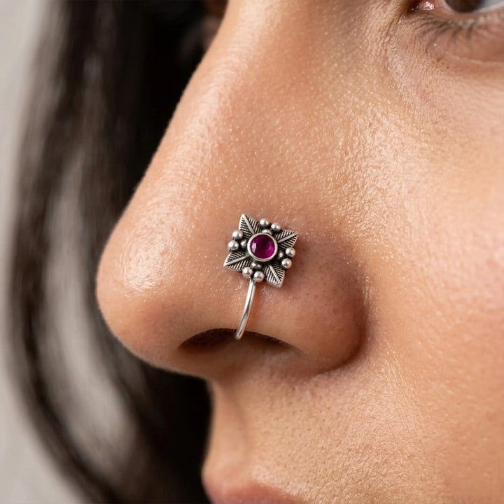 Oxidized Silver Floral Nose Pin- Made With Pure 925 Silver