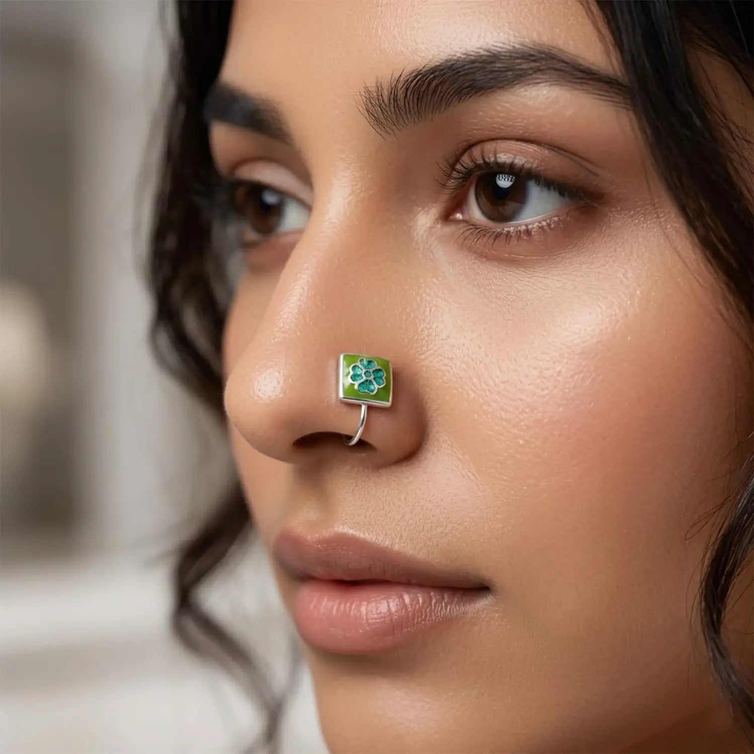 Square Enamel  Silver Nose Pin- Made With Pure 925 Silver
