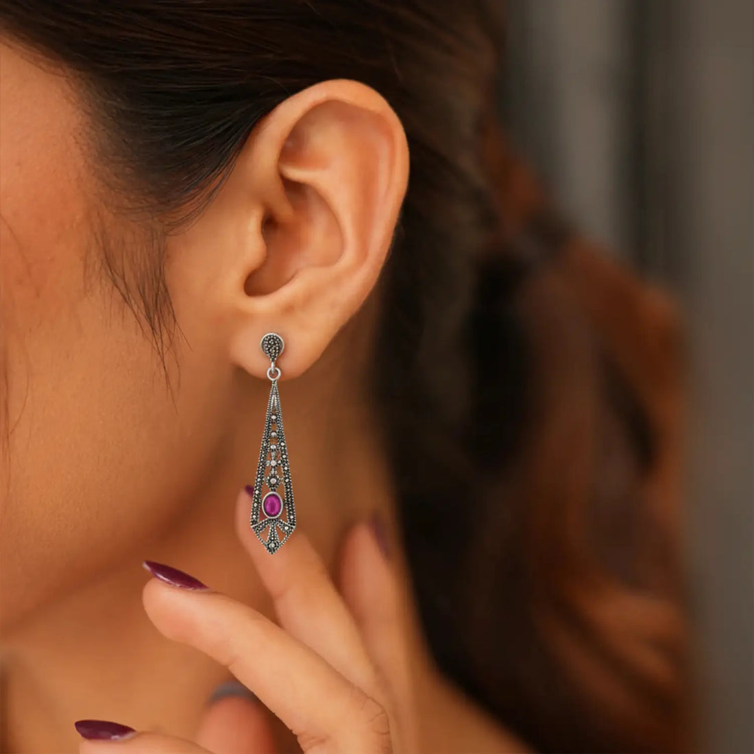 Ruby Glow Oxidized Silver Long Drop Earrings- Made With Pure 925 Silver