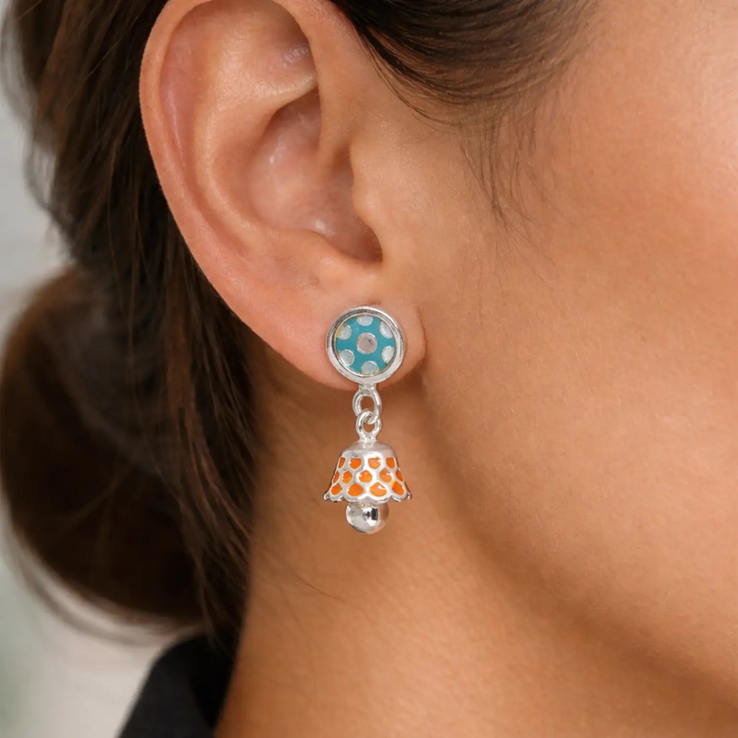 Turquoise & Orange Enamel Silver Jhumki Earrings - Made With Pure 925 Silver