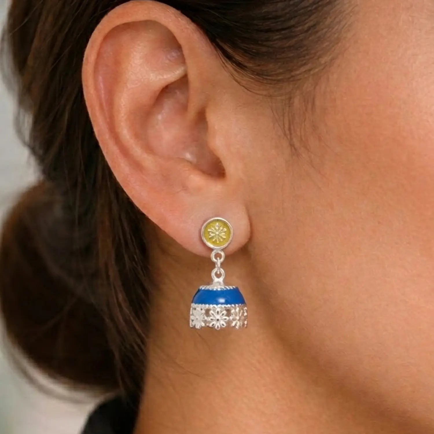 Royal Blue Enamel Pure Silver Jhumki Earrings - Made With Pure 925 Silver