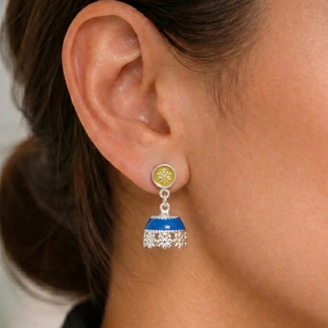 Royal Blue Enamel Pure Silver Jhumki Earrings - Made With Pure 925 Silver