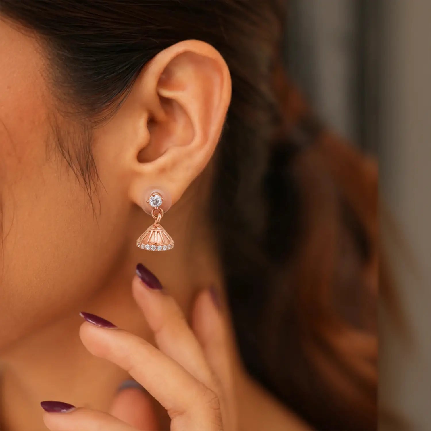 Fluted Dome Rose Gold Silver Jhumki Stud Earrings- Made With Pure 925 Silver