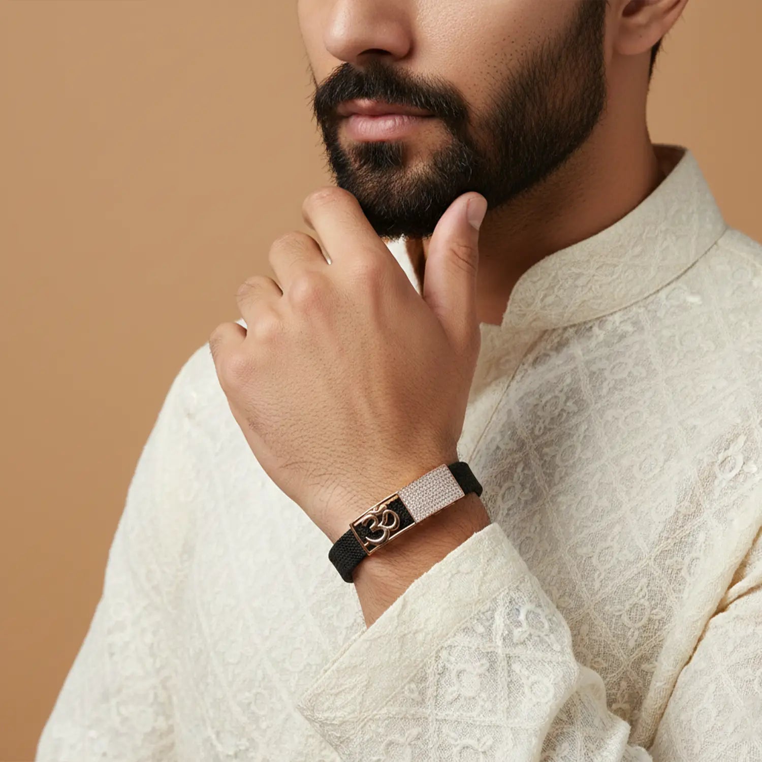 Men’s Black Strap Bracelet with Dual-Tone “Om” Motif- Made With Pure 925 Silver