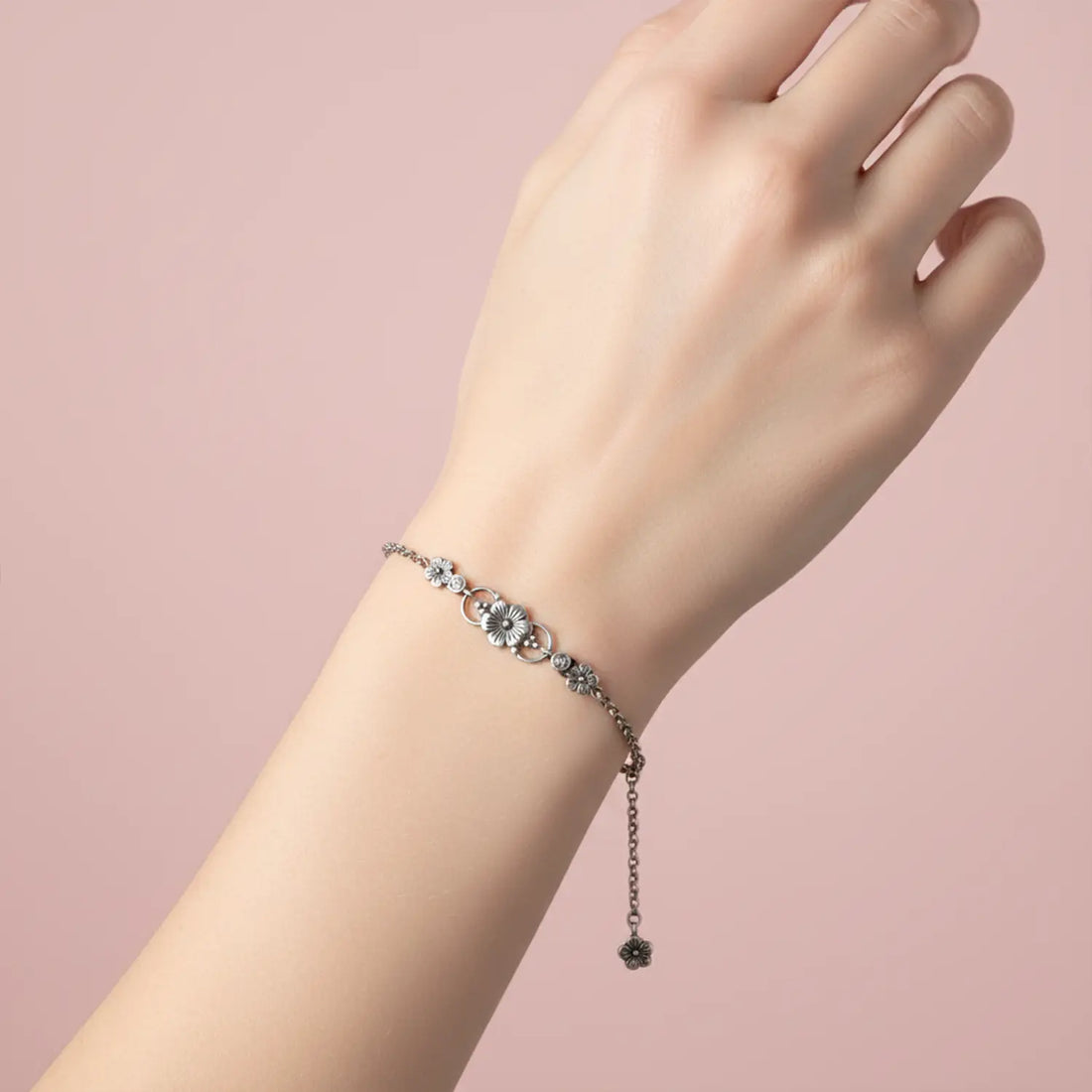 Floral Charm Sterling Silver Bracelet- Made With Pure 925 Silver