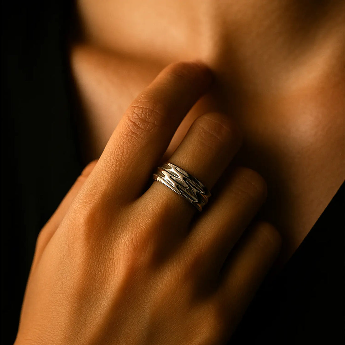 Hammered Texture Wide Silver Band Ring - Made With Pure 925 Silver