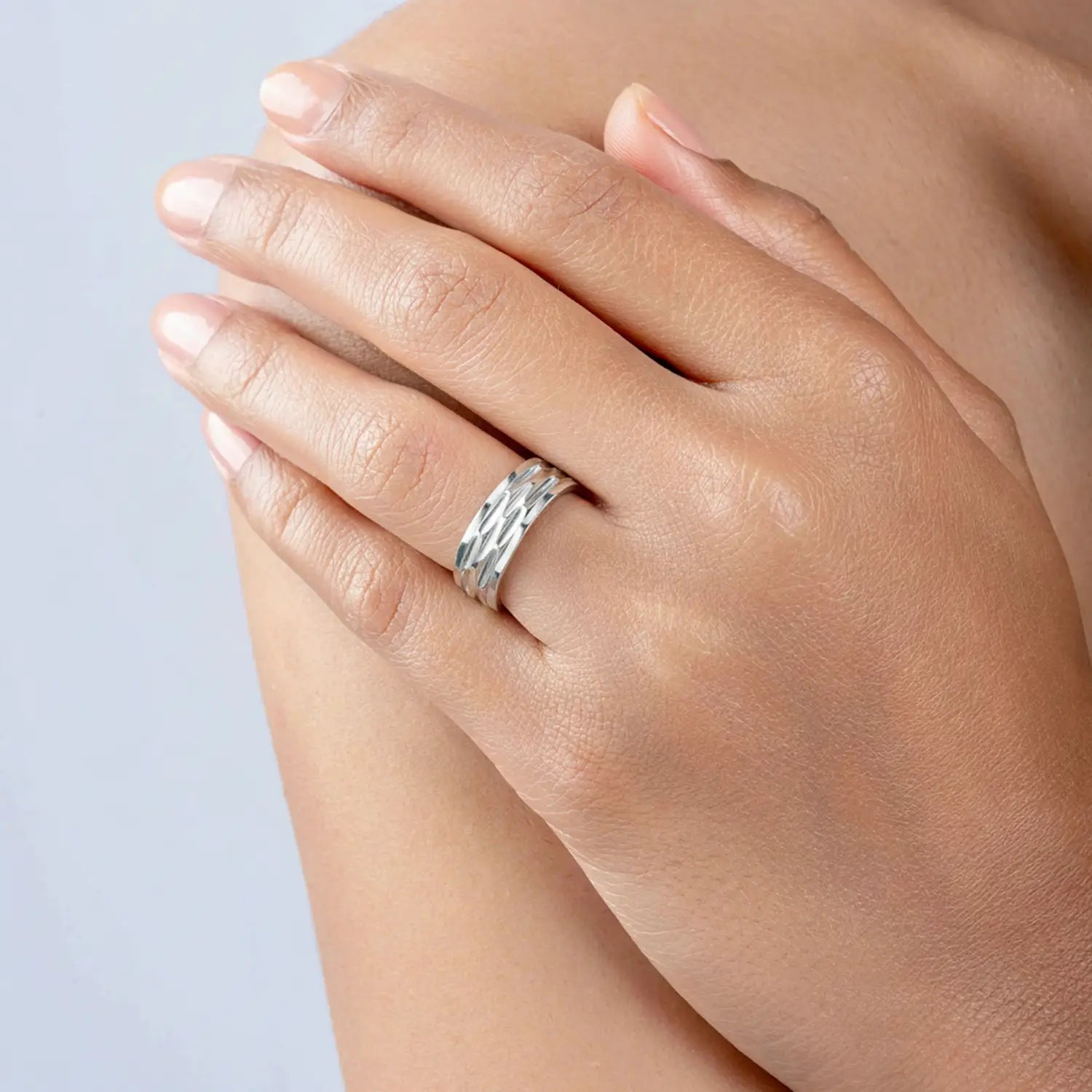 Hammered Texture Wide Silver Band Ring - Made With Pure 925 Silver