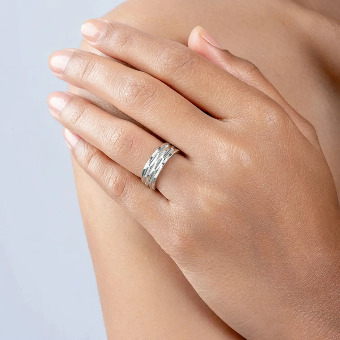 Hammered Texture Wide Silver Band Ring - Made With Pure 925 Silver