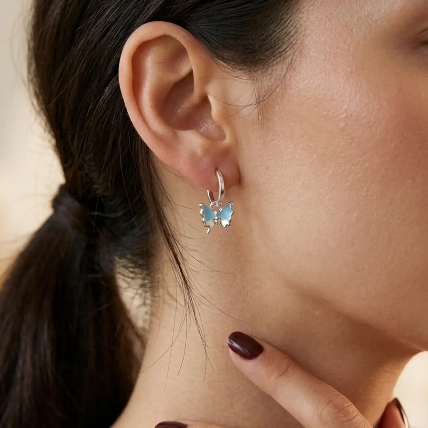 Blue Butterfly Charm Silver Hoop Earrings - Made With Pure 925 Silver