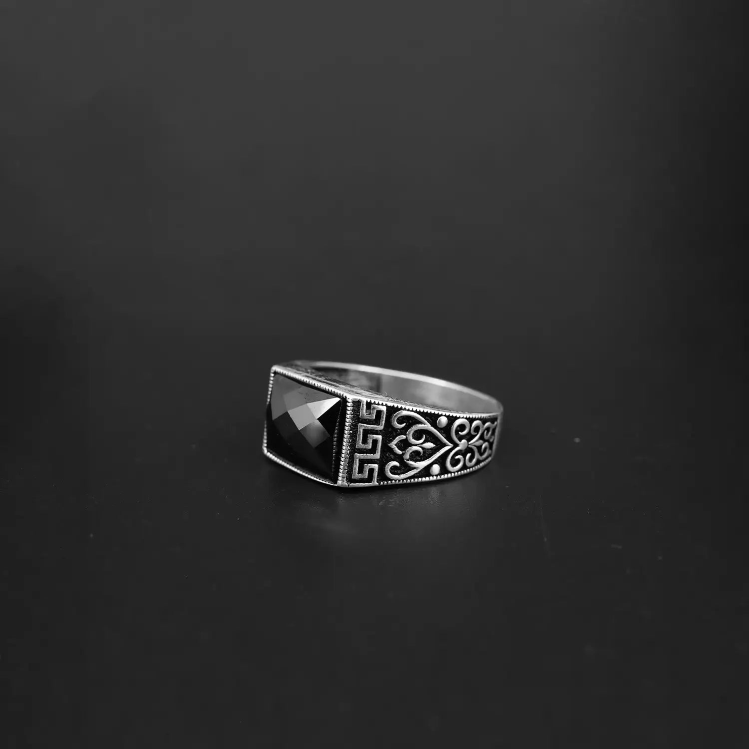 Black Onyx Regal Carved Ring- Made With Pure 925 Silver