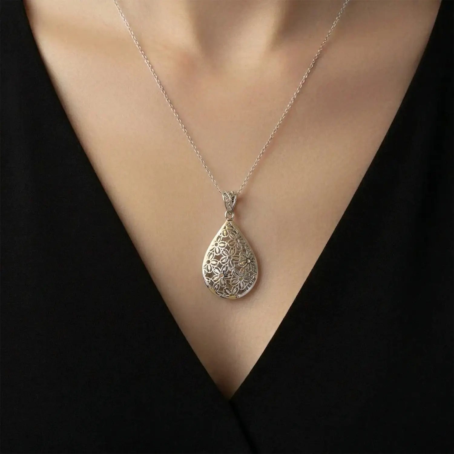 Elegant Floral Teardrop Filigree Pure Silver Pendant & Earrings Set - Made With Pure 925 Silver