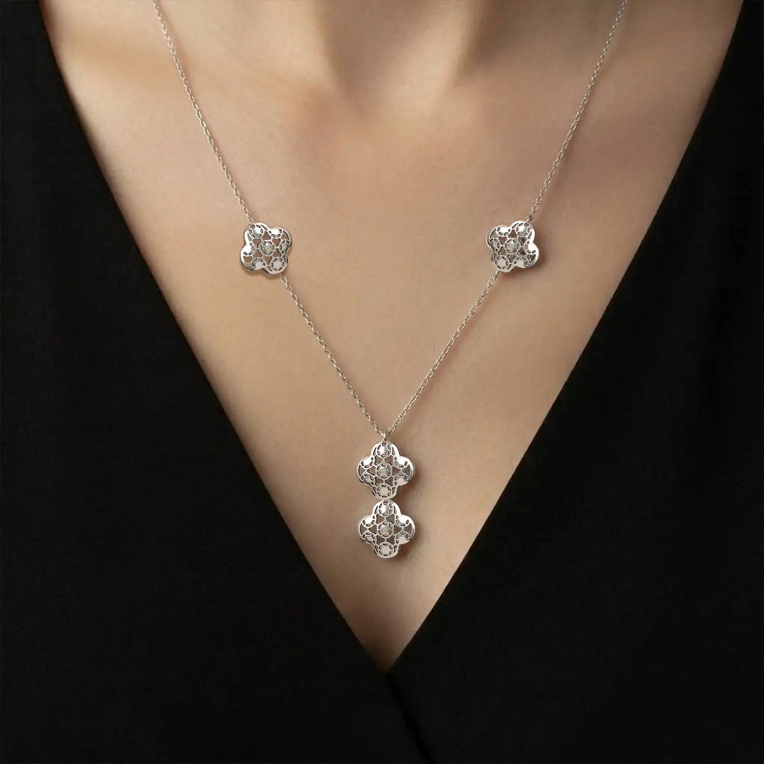 Elegant Floral Station Pure Silver Necklace Set- Made With Pure 925 Silver