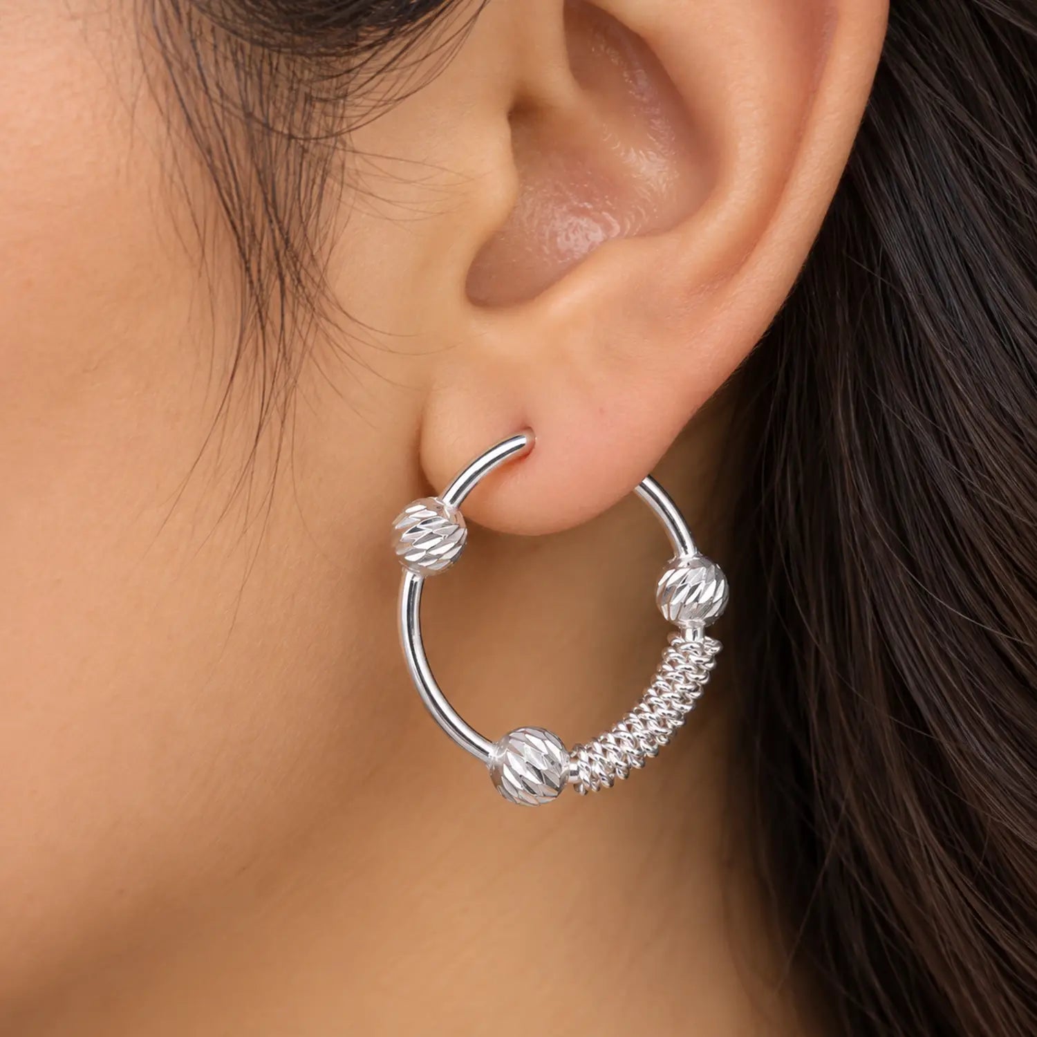 Textured Beaded Silver Hoop Earrings - Made With Pure 925 Silver