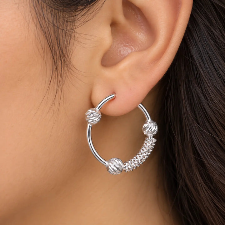 Textured Beaded Silver Hoop Earrings - Made With Pure 925 Silver