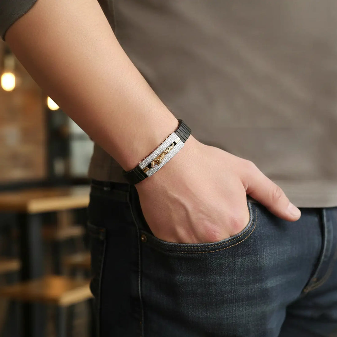 Jaguar Motif Silver Bracelet with Black Stretch Band- Made With Pure 925 Silver