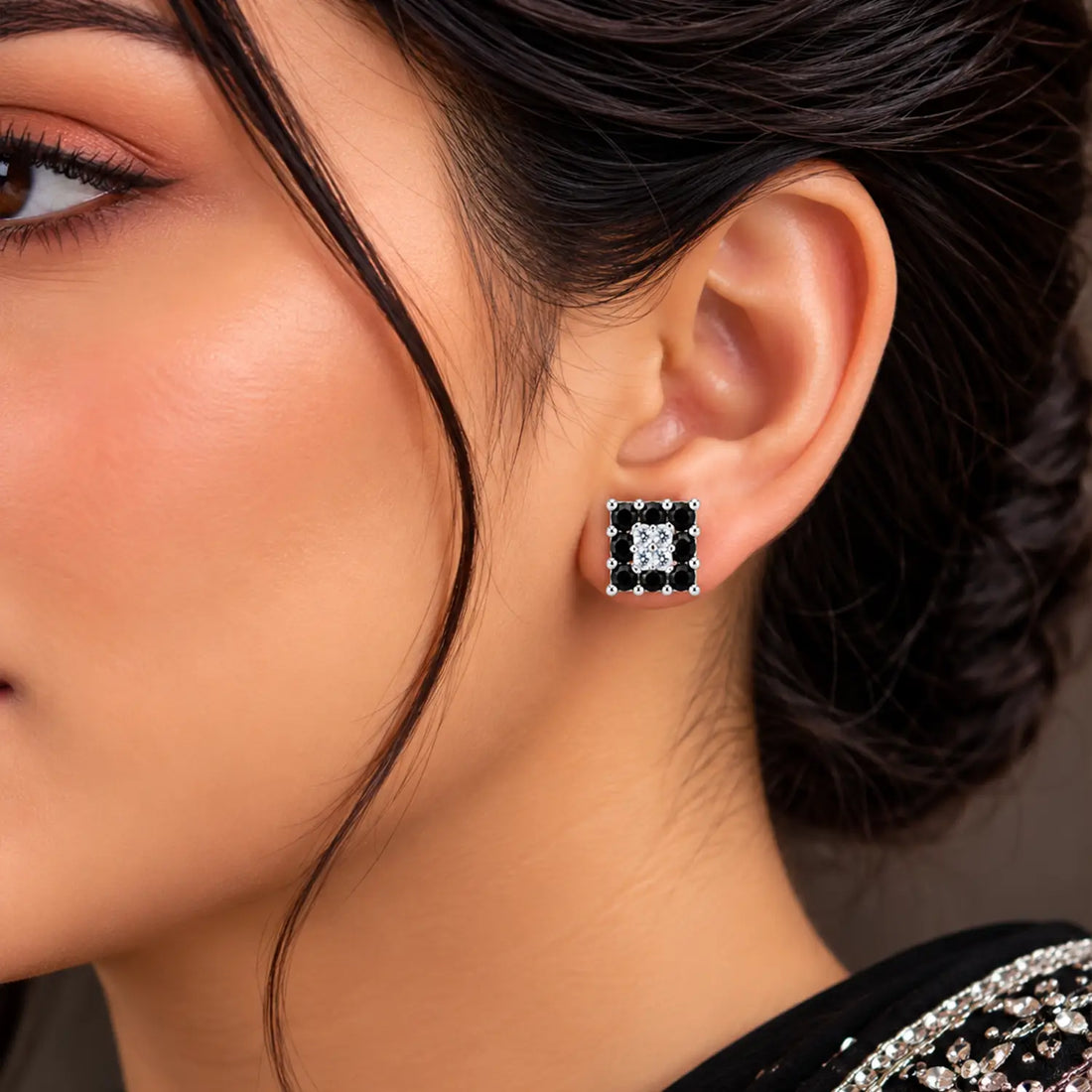 Orange & White Square Gemstone Silver Stud Earrings - Made With Pure 925 Silver
