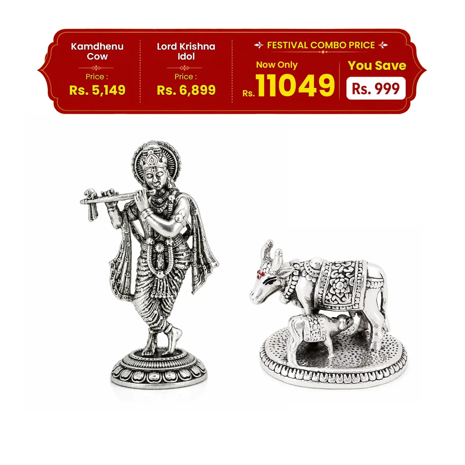 Kamdhenu Cow & Lord Krishna Silver Idol Festival Combo - Made With Pure 925 Silver