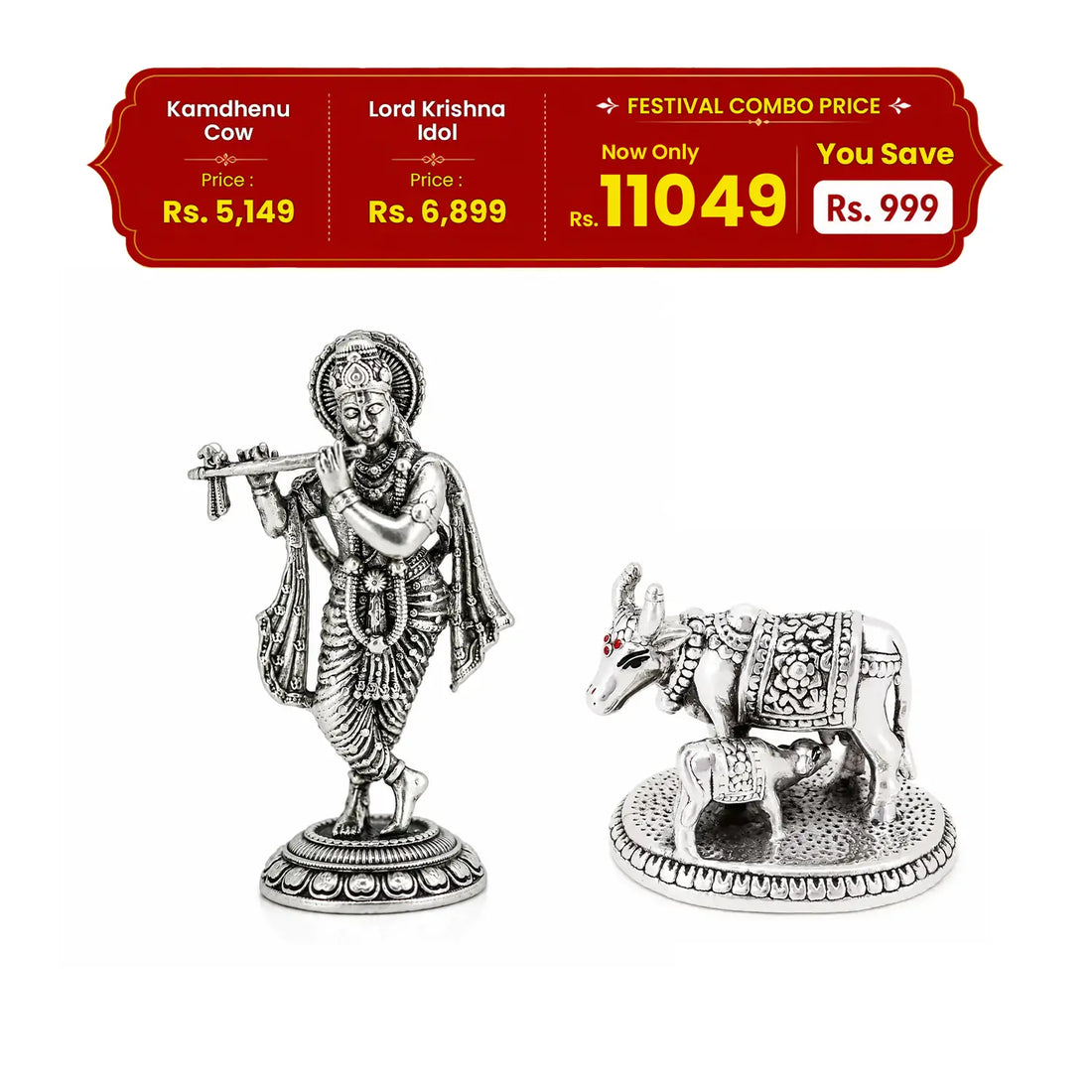 Kamdhenu Cow & Lord Krishna Silver Idol Festival Combo - Made With Pure 925 Silver